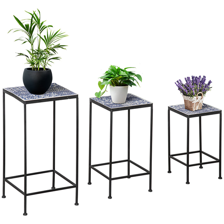 Suporte para Vasos de Metal 3 Peças Empilháveis Suporte para Plantas com Bancada de Azulejo Decorativa para Interiores e Exteriores 31,5x31,5x60,5 cm Azul e Preto