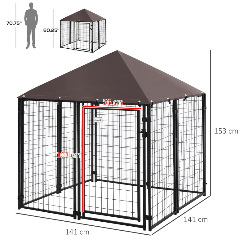 Parque para Animais de Estimação com Teto 141x141x153cm Canil para Cães de Jardim com Malha de Metal e Porta com Fechadura para Pátio Varanda Preto