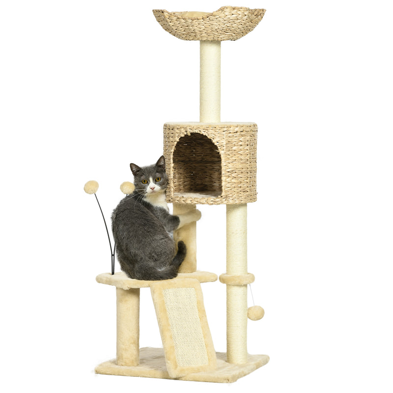 Arranhador para Gatos de 116 cm Torre para Gatos com Postes para Arranhar Cama Caverna de Taboa Rampa e Bolas 45x40x116 cm Bege