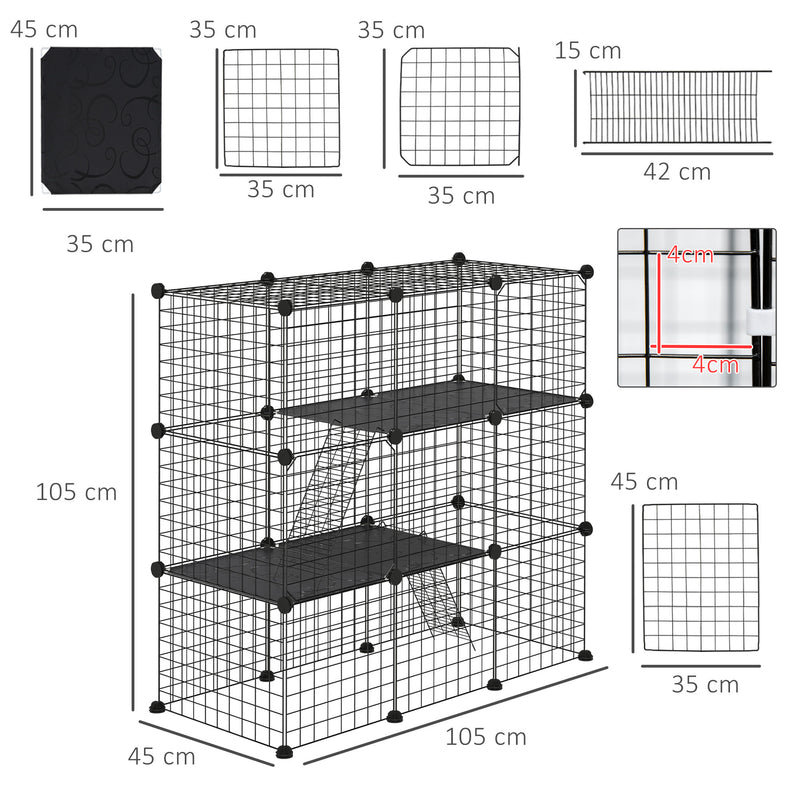 Recinto para Animais Pequenos com 31 Painéis Recinto para Animais de Estimação Personalizável com Rampa Portas para Cobaias Coelhos Chinchilas 105x45x105 cm Preto