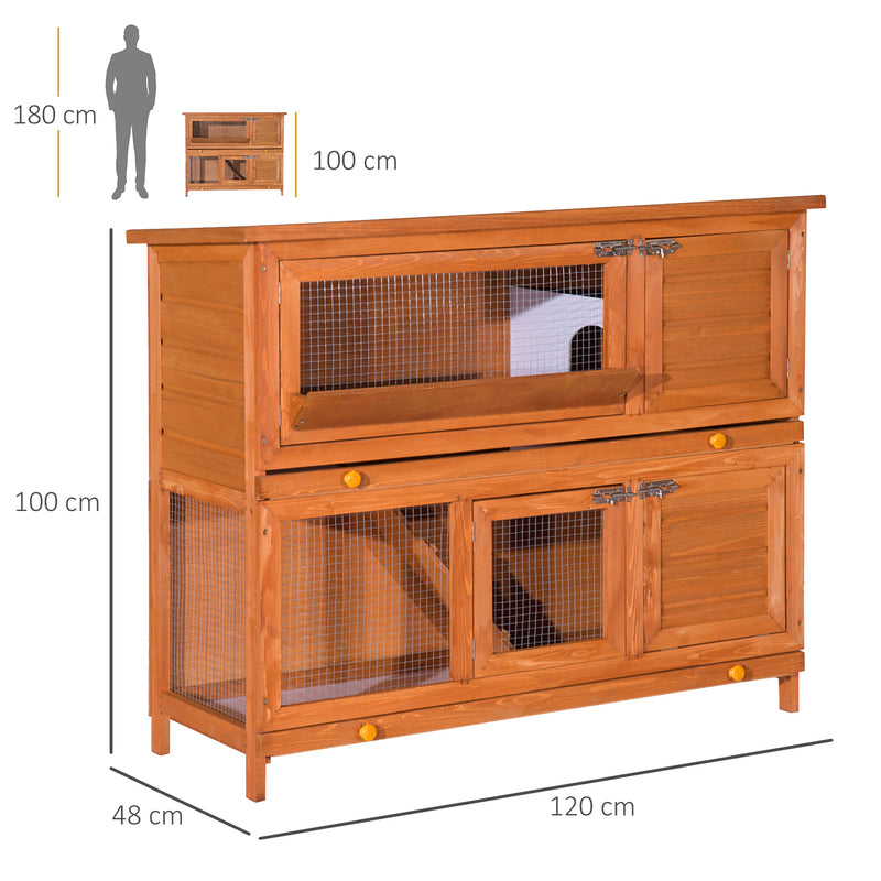 Coelheira de Madeira Exterior de 2 Níveis Gaiola para Coelhos com Teto Asfáltico Dobrável Rampa Portas e 2 Bandejas Removíveis 120x48x100cm Madeira