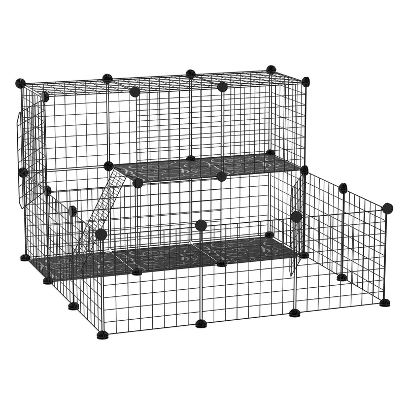 Cerca para Pequenos Animais DIY com 24 Painéis Parque para Animais de Estimação com Grade Metálica Gaiola Modular para Coelhos Chinchilas 105x105x70cm Preto