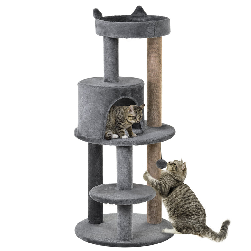 Árvore Arranhador para Gatos de 104 cm Arranhador para Gatos com Plataforma Caverna Postes de Sisal e Bola Suspensa 48x48x104 cm Cinza