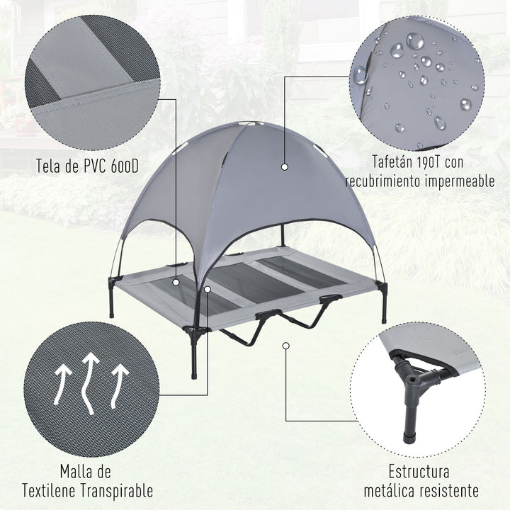Cama elevada para animais de estimação Portátil com tecido respirável de toldo removível para interior e exterior 122x92x108 cm cinza