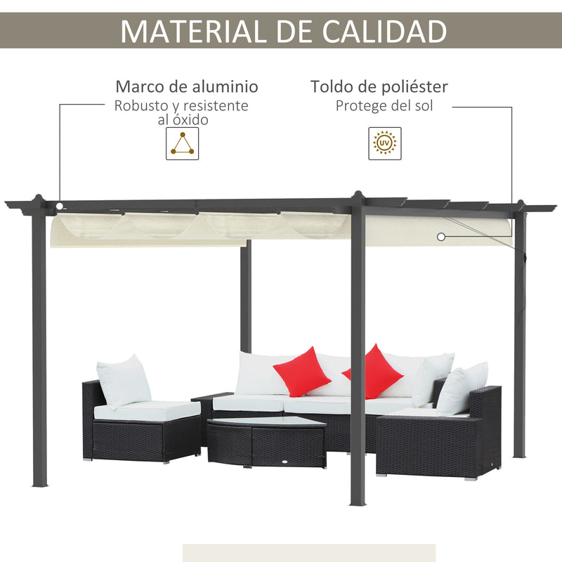 Pérgola de Alumínio 4x3 Pérgola de Jardim com Teto Retrátil Tecido de Poliéster e 8 Orifícios de Drenagem para Pátio Terraço Exterior Creme