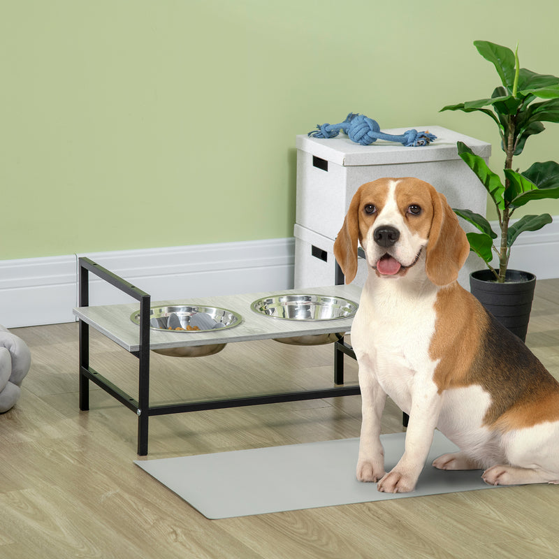 Comedouro Elevado para Cães com Altura Ajustável Comedouro para Cães com 2 Tigelas de 1100ml de Aço Inoxidável Tapete e Alimentador Lento 60x33x10-31,5cm Cinza