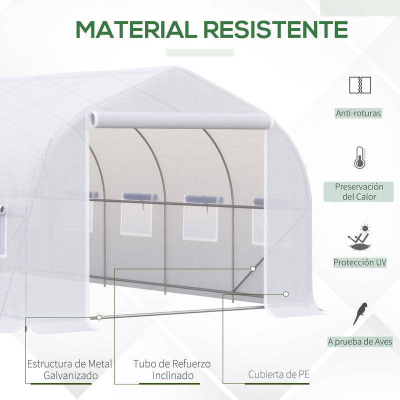 Estufa de Túnel 595x300x200cm Estufa de Jardim Grande com 12 Janelas e Porta Enrolável com Zíper para Cultivo de Plantas Branco