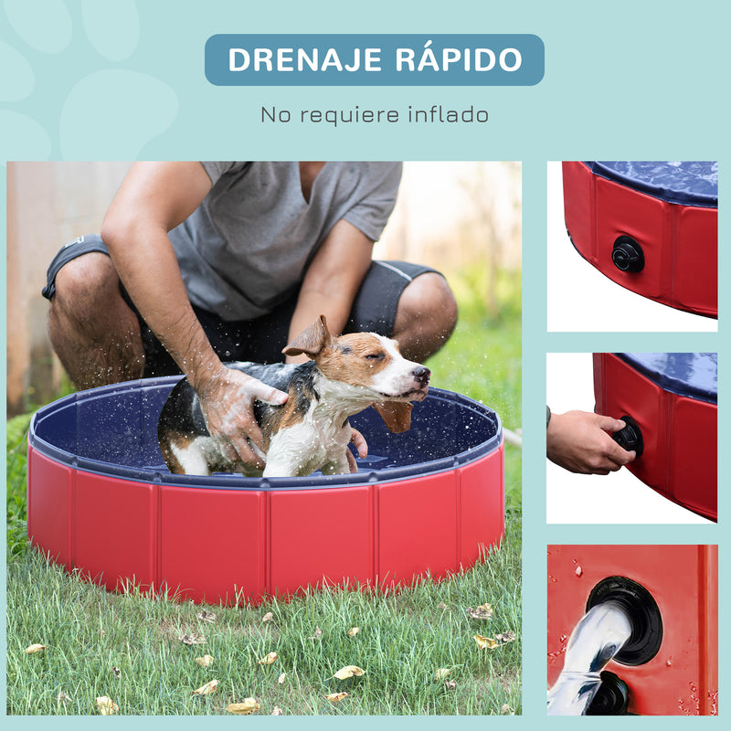 Piscina Dobrável para Cães Gatos Banheira Portátil para Animais de Estimação PVC Antiderrapante Ø80x20 cm Vermelho