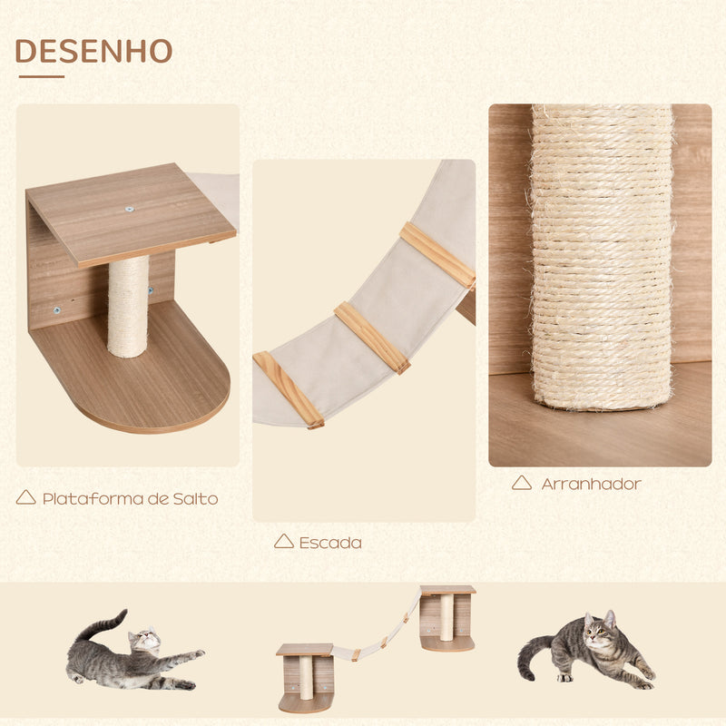 Prateleiras de Parede para Gatos Escadas de Tecido para Gatos com Plataformas e Postes Arranhadores de Sisal Centro de Atividades de Escada 129x40x31,5cm Marrom Claro