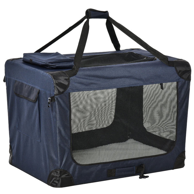 Transportadora para animais deestimação Portátil e Transpirável Dobrável com Almofada 3 Portas e Janela de Malha 2 Bolsos 80,5x57x57cm Azul Escuro