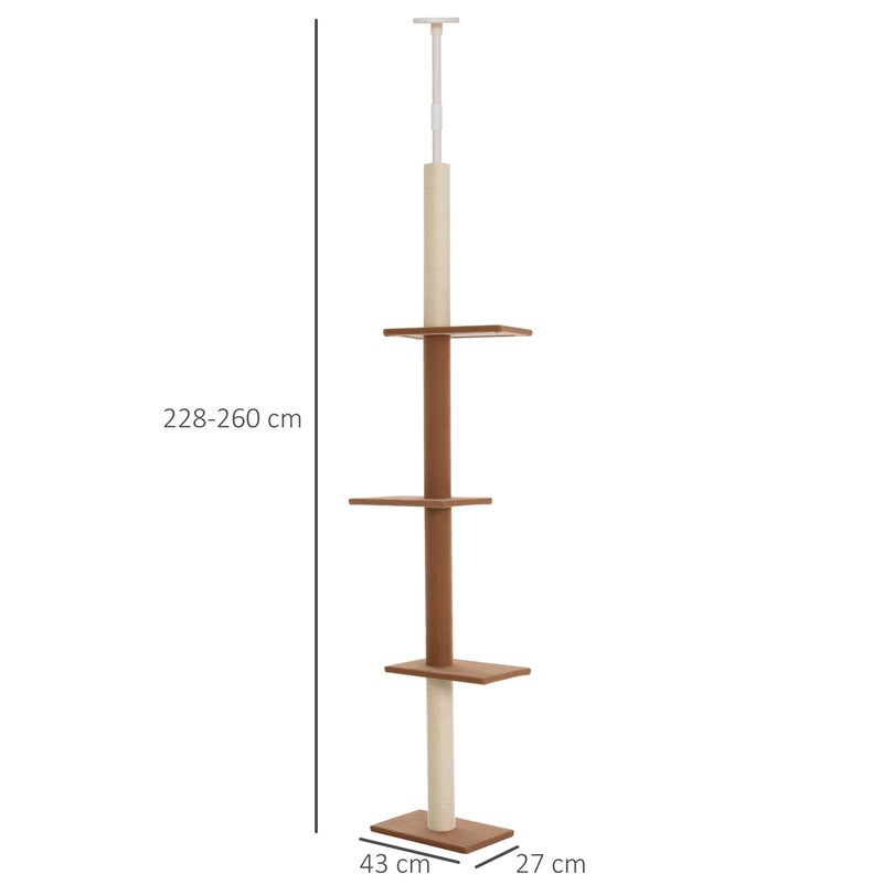 Árvore para gatos do chão ao teto, altura ajustável com 4 plataformas 43x27x228-260