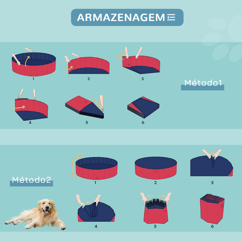 Piscina Dobrável para Cães Gatos Banheira Portátil para Animais de Estimação PVC Antiderrapante Múltiplo Uso para Interior e Exterior Ø160x30 cm Vermelho