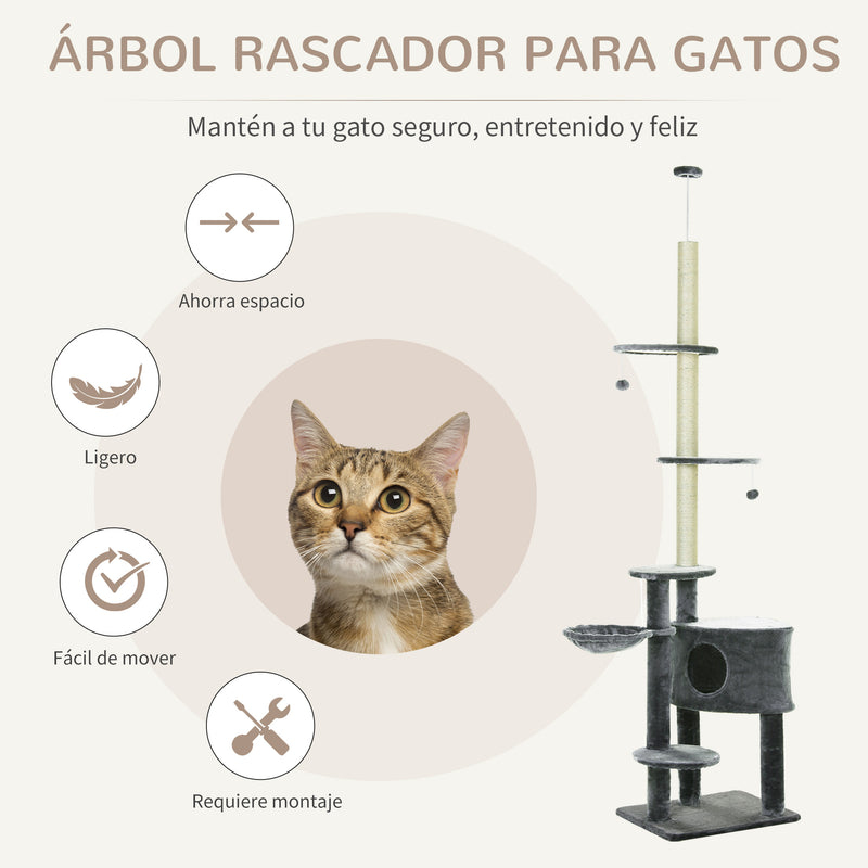 Árvore para arranhar para gatos 220-245 cm Altura Ajustável ao Teto com Plataformas Cinza Escuro