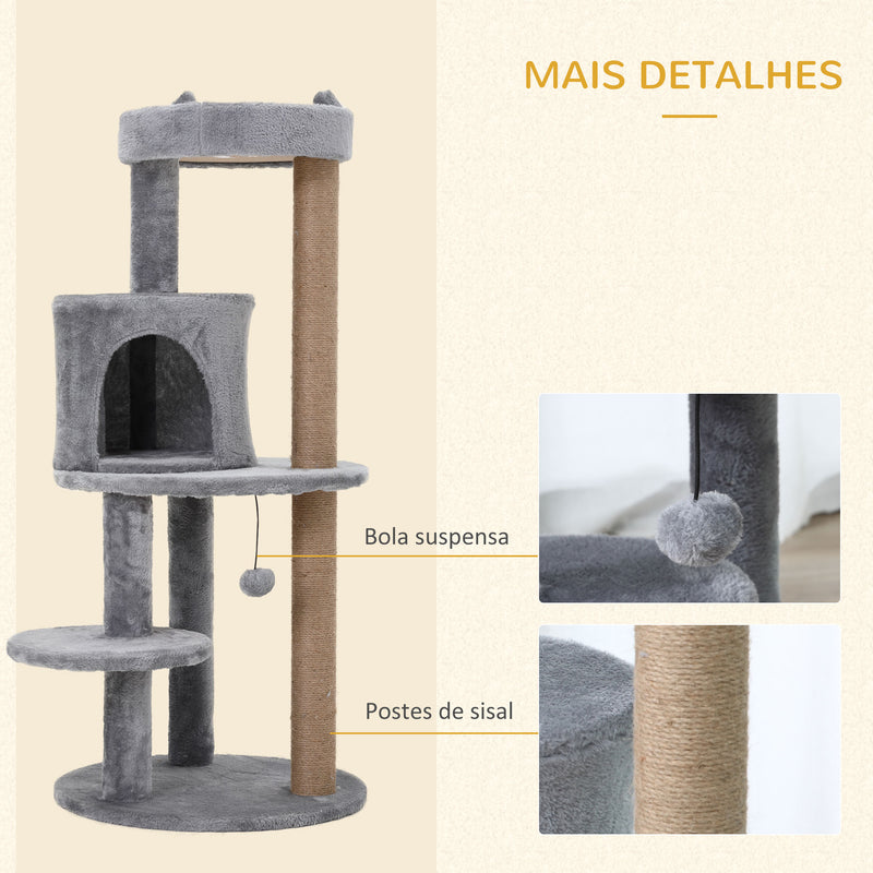 Árvore Arranhador para Gatos de 104 cm Arranhador para Gatos com Plataforma Caverna Postes de Sisal e Bola Suspensa 48x48x104 cm Cinza