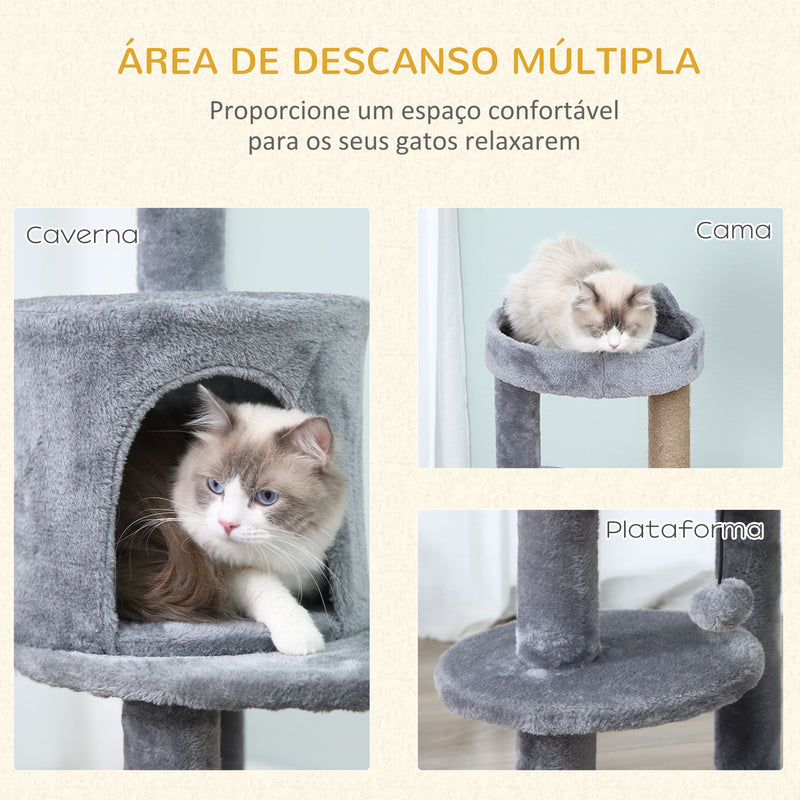 Árvore Arranhador para Gatos de 104 cm Arranhador para Gatos com Plataforma Caverna Postes de Sisal e Bola Suspensa 48x48x104 cm Cinza