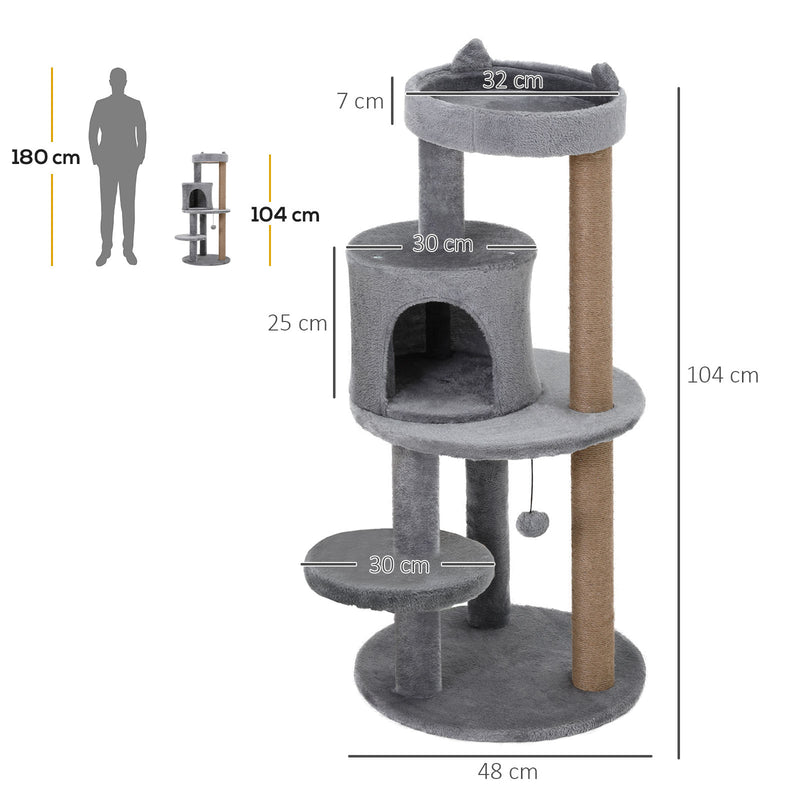 Árvore Arranhador para Gatos de 104 cm Arranhador para Gatos com Plataforma Caverna Postes de Sisal e Bola Suspensa 48x48x104 cm Cinza