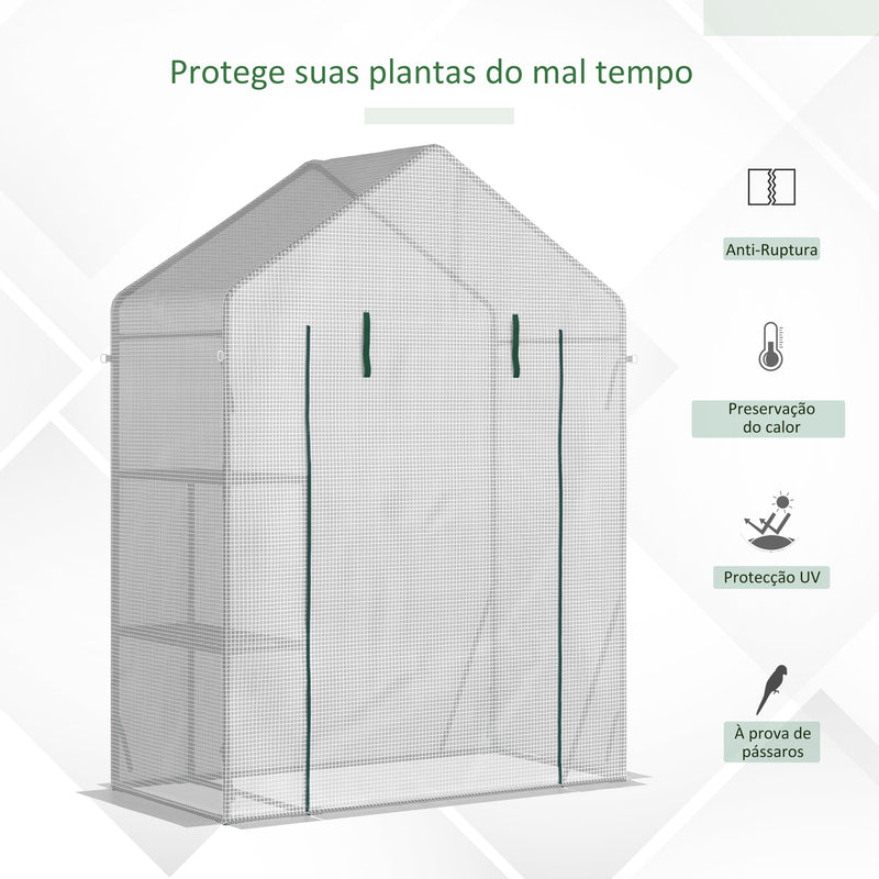 Estufa de Jardim 143x73x195cm Estufa de Aço com 2 Prateleiras e Porta Enrolável para Cultivos de Plantas Vasos de Flores Pátio Exterior Branco