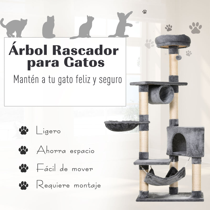 Árvore arranhador para gatos 154 cm de altura com plataformas túnel rede e postes de de sisal cinza