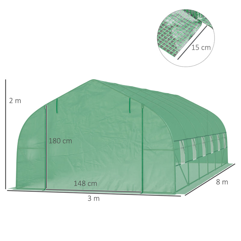 Estufa de jardim Tipo túnel para cultivo com 12 janelas e porta de enrolar Aço e PE 800x300x200 cm Verde