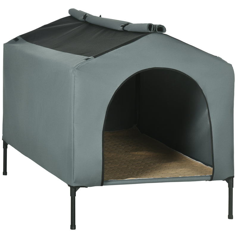 Casa para Cães com Cobertura Exterior 130x85x95 cm Cama Elevada para Animais de Estimação com Almofada e Janelas de Malha para Cães Grandes Cinza