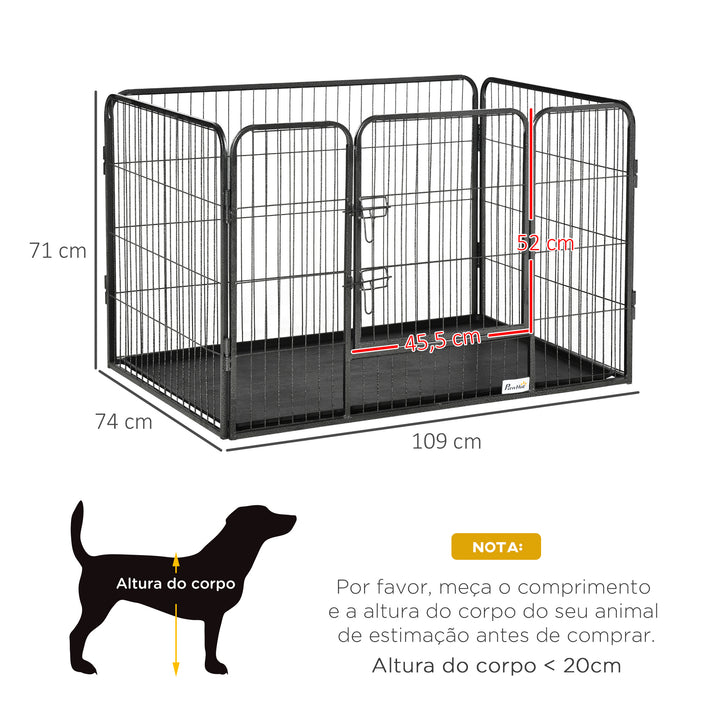 Barreira de Segurança para Animais de Estimação Parque de Diversão para Animais com 4 Painéis de Aço 109x74x71cm com Porta de Trava Dupla e Bandeja Removível para Exterior Interior Cinza