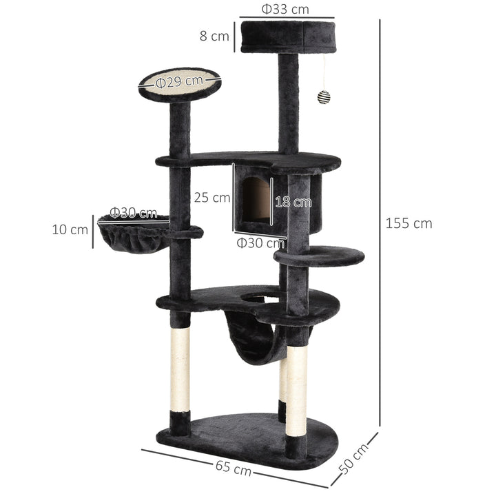 Árvore Arranhador para Gatos Grande Altura 155cm Torre de Escalada para Gatos com Caverna Redes Plataformas Postes Arranhadores de Sisal e Bola Suspensa Cinza Escuro