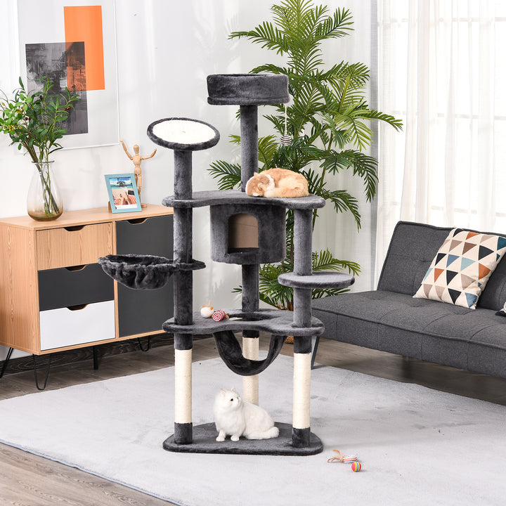 Árvore Arranhador para Gatos Grande Altura 155cm Torre de Escalada para Gatos com Caverna Redes Plataformas Postes Arranhadores de Sisal e Bola Suspensa Cinza Escuro