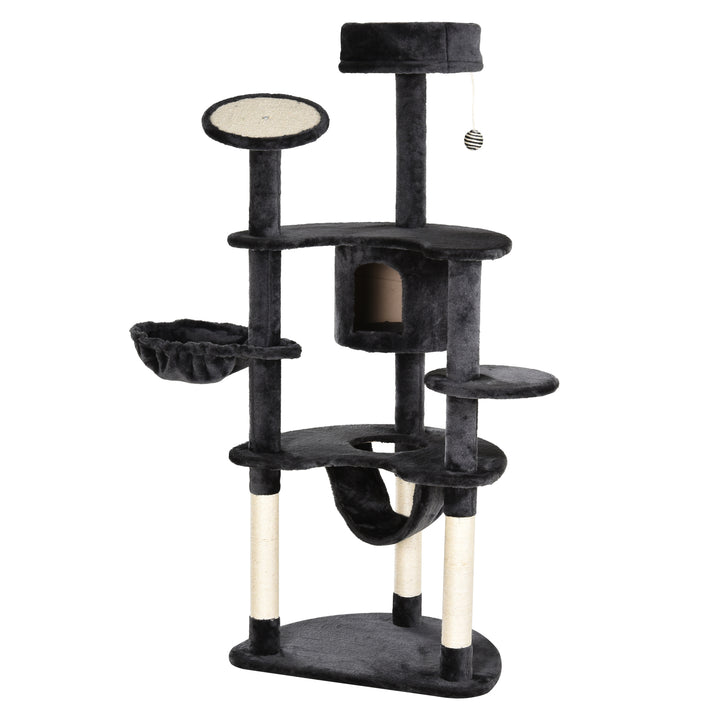 Árvore Arranhador para Gatos Grande Altura 155cm Torre de Escalada para Gatos com Caverna Redes Plataformas Postes Arranhadores de Sisal e Bola Suspensa Cinza Escuro