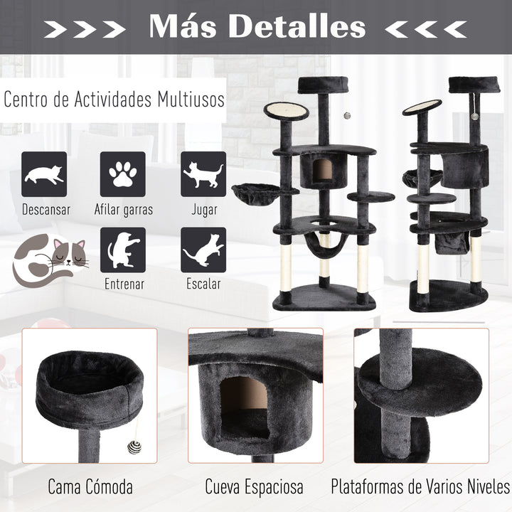 Árvore Arranhador para Gatos Grande Altura 155cm Torre de Escalada para Gatos com Caverna Redes Plataformas Postes Arranhadores de Sisal e Bola Suspensa Cinza Escuro