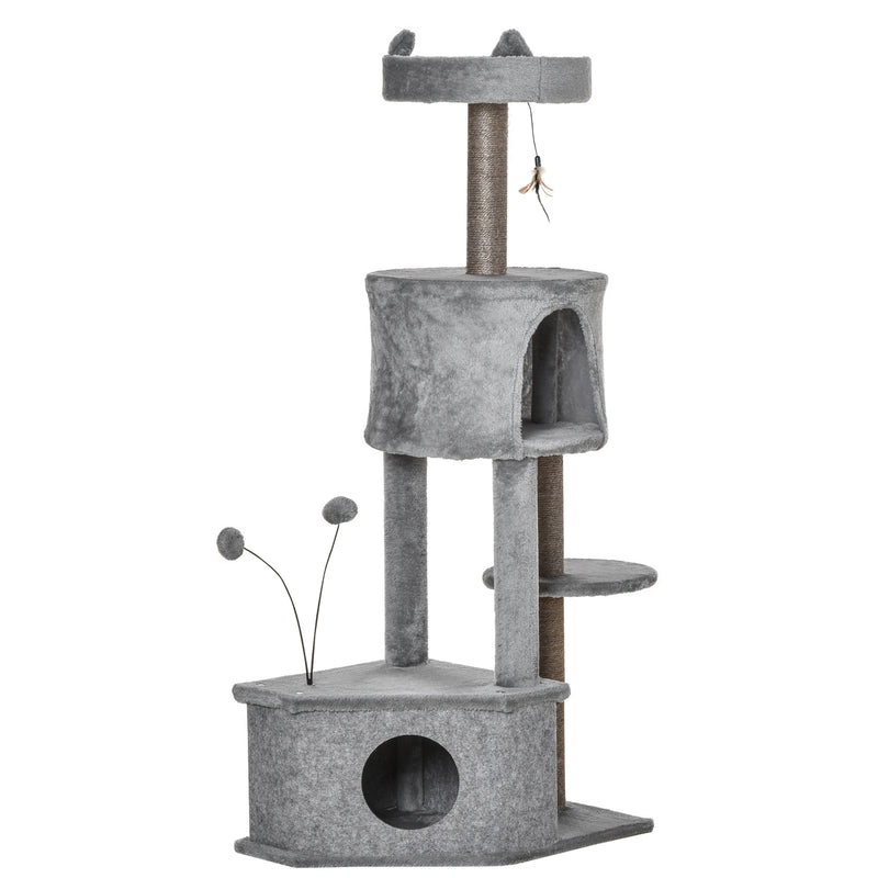 Árvore Arranhadora para Gatos 60x40x133cm Torre para Gatos com Caverna de Feltro Removível Cama de Pelúcia Suave Postes Arranhadores de Sisal Natural e Brinquedos Cinza