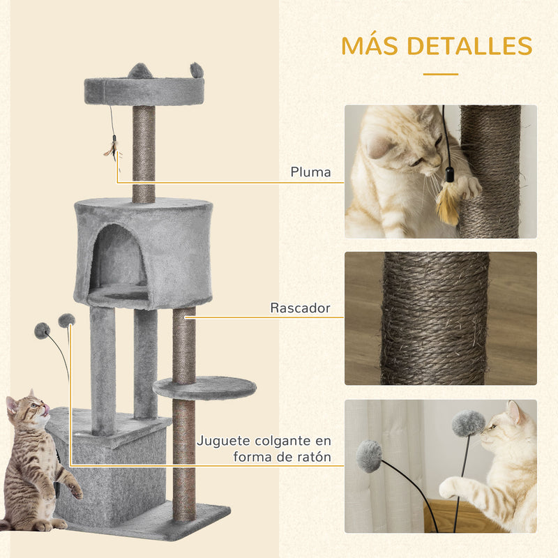 Árvore Arranhadora para Gatos 60x40x133cm Torre para Gatos com Caverna de Feltro Removível Cama de Pelúcia Suave Postes Arranhadores de Sisal Natural e Brinquedos Cinza