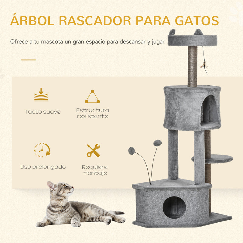 Árvore Arranhadora para Gatos 60x40x133cm Torre para Gatos com Caverna de Feltro Removível Cama de Pelúcia Suave Postes Arranhadores de Sisal Natural e Brinquedos Cinza