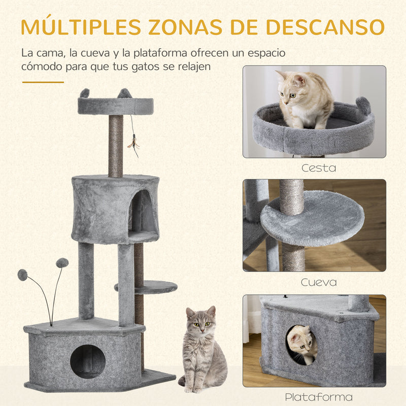 Árvore Arranhadora para Gatos 60x40x133cm Torre para Gatos com Caverna de Feltro Removível Cama de Pelúcia Suave Postes Arranhadores de Sisal Natural e Brinquedos Cinza