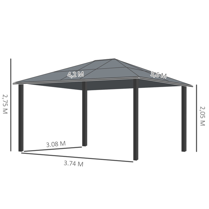Pérgola de Jardim 4,3x3,6m Pérgola de Alumínio de Exterior com Teto de Policarbonato 4 Cortinas Laterais e 4 Telas Mosquiteiras com Zíper para Festas Eventos Marrom e Bege