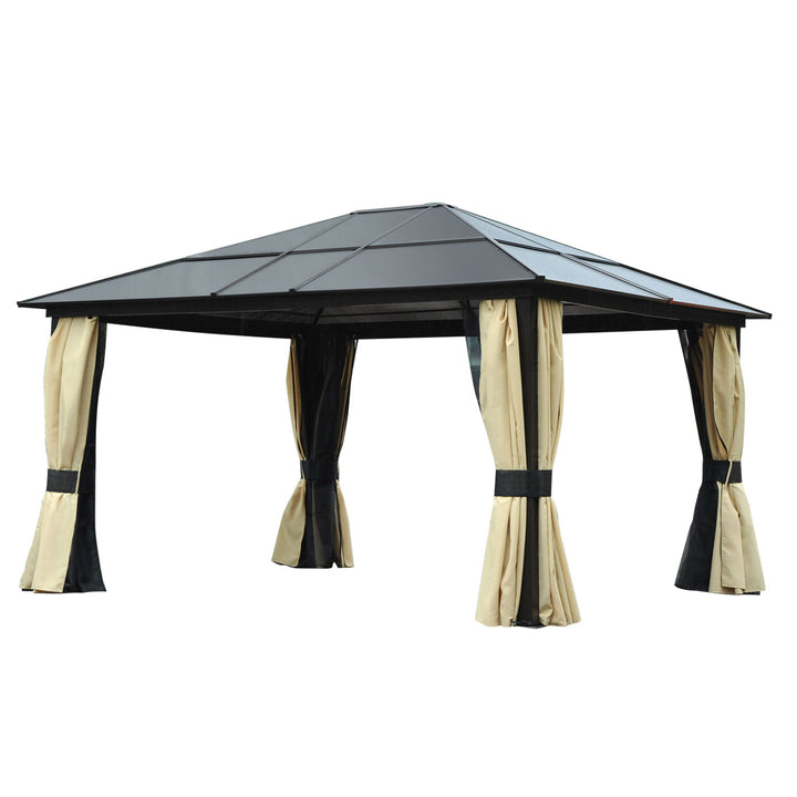 Pérgola de Jardim 4,3x3,6m Pérgola de Alumínio de Exterior com Teto de Policarbonato 4 Cortinas Laterais e 4 Telas Mosquiteiras com Zíper para Festas Eventos Marrom e Bege