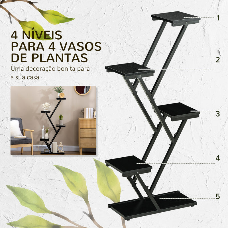 Suporte para Plantas de 4 Níveis Prateleiras de Madeira para Vasos de Plantas para Interior e Exterior 53x24x119,5cm Preto