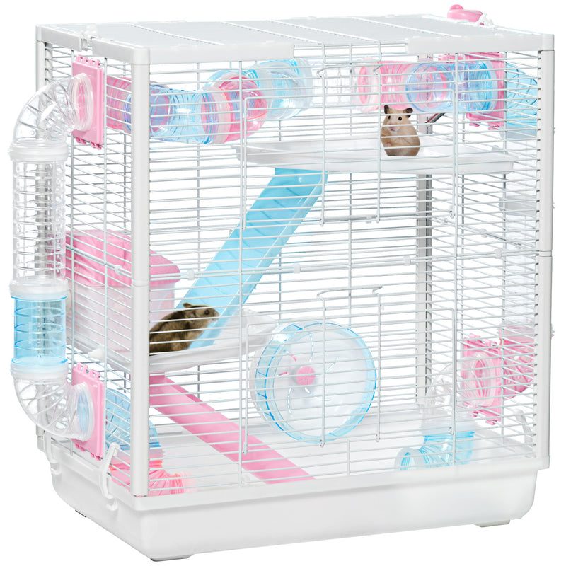 Gaiola para Hamster com Tubos de Túnel 47x29,5x53 cm Casa para hamster com 2 Portas Bandeja Comedouro Casa 2 Rampas e Roda de Exercícios Branco