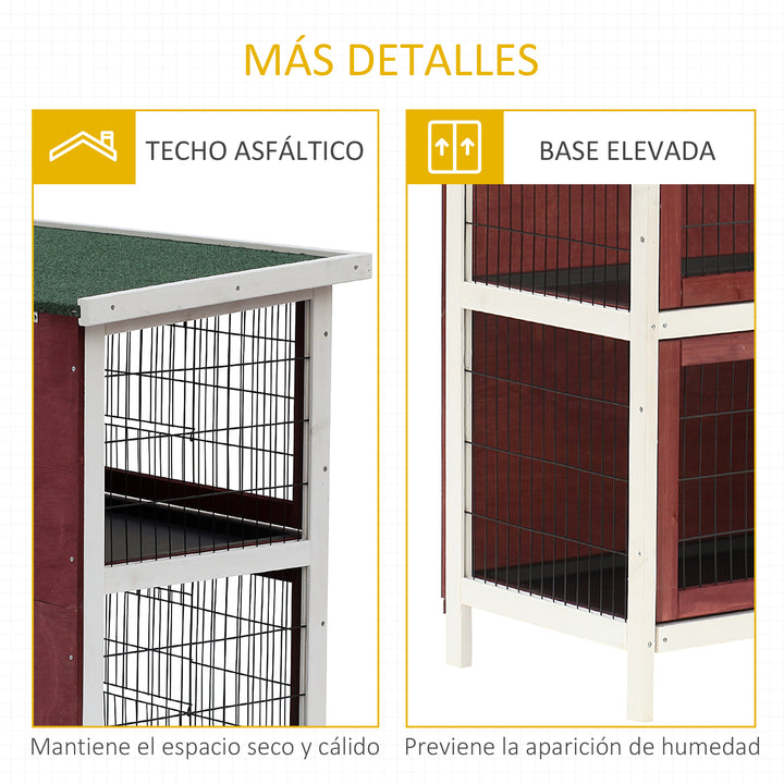 Coelheira de Madeira Exterior de 2 Níveis Gaiola para Coelhos com Teto Asfáltico 4 Portas e Bandejas Removíveis 136x50x93cm Marrom Avermelhado