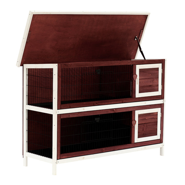 Coelheira de Madeira Exterior de 2 Níveis Gaiola para Coelhos com Teto Asfáltico 4 Portas e Bandejas Removíveis 136x50x93cm Marrom Avermelhado