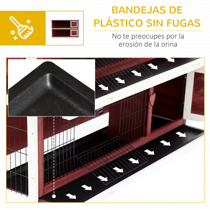 Coelheira de Madeira Exterior de 2 Níveis Gaiola para Coelhos com Teto Asfáltico 4 Portas e Bandejas Removíveis 136x50x93cm Marrom Avermelhado