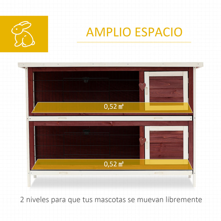 Coelheira de Madeira Exterior de 2 Níveis Gaiola para Coelhos com Teto Asfáltico 4 Portas e Bandejas Removíveis 136x50x93cm Marrom Avermelhado