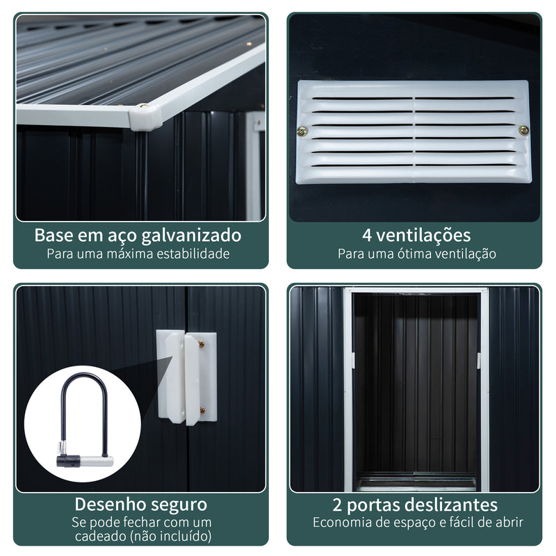 Abrigo de Jardim 213x130x185cm Abrigo de Jardim Metálico de Exterior para Armazenamento de Ferramentas com 2 Portas Deslizantes e 4 Janelas para Terraço Cinza Escuro