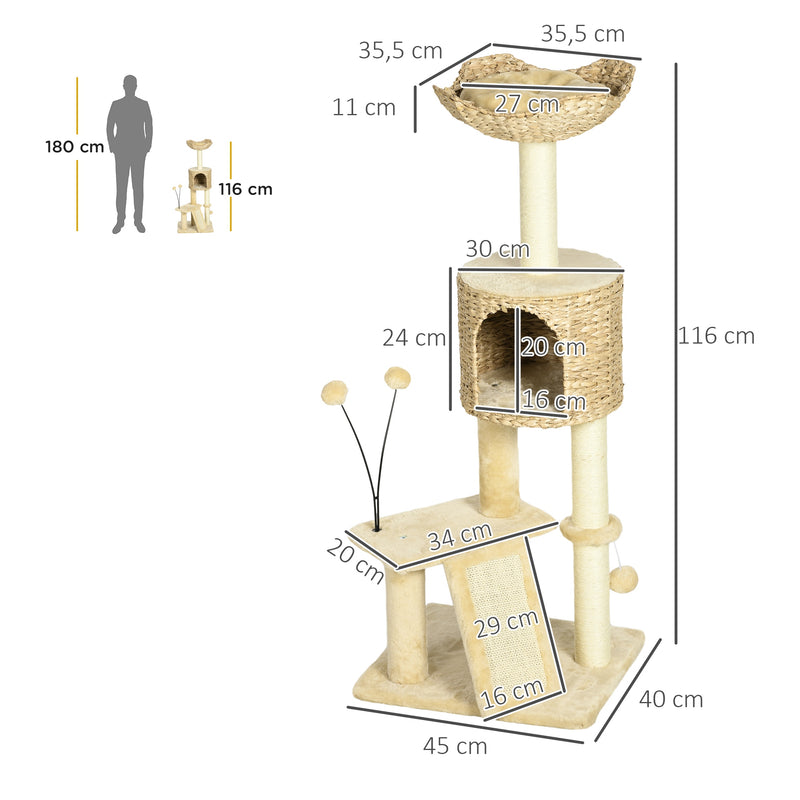 Arranhador para Gatos de 116 cm Torre para Gatos com Postes para Arranhar Cama Caverna de Taboa Rampa e Bolas 45x40x116 cm Bege