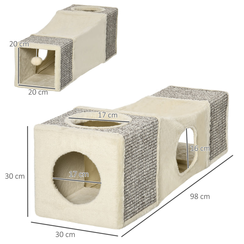 Túnel para Gatos com Bola Supensa Túnel para Gatos Dobrável com Múltiplas Entradas Caverna de Sisal 98x30x30 cm Creme e Cinza