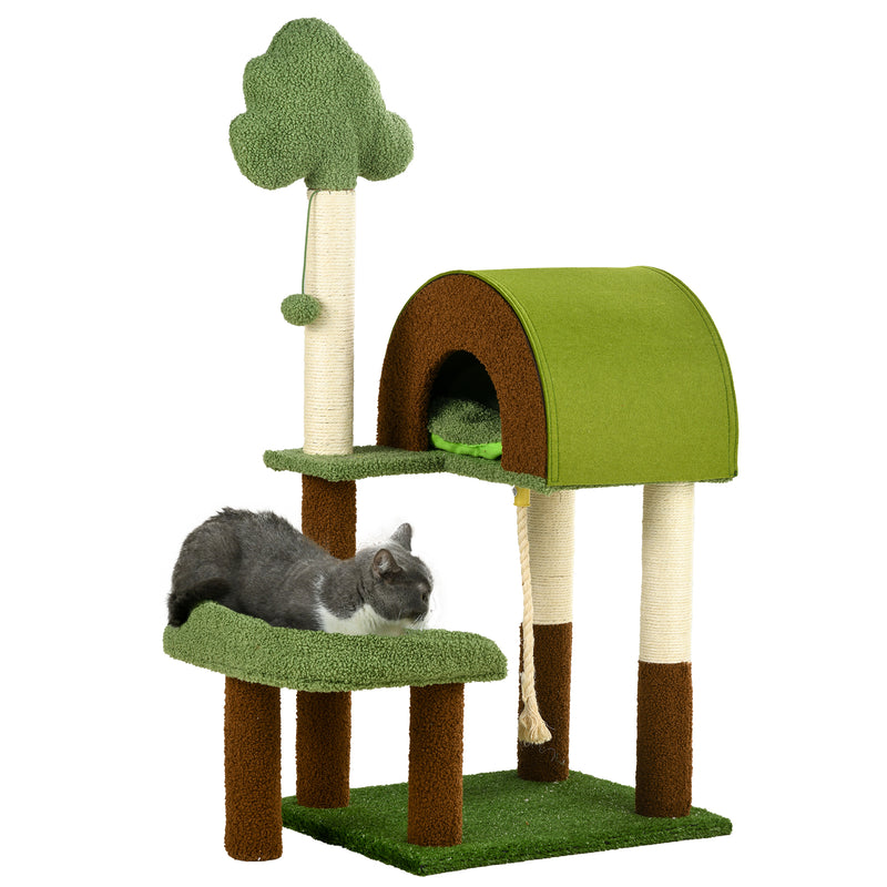 Arranhador para Gatos Médio 107 cm Torre para Gatos Centro de Atividades para Gatos com Caverna Cama Poste de Sisal Relva Artificial e Bola Suspensa 49x40x107 cm Verde