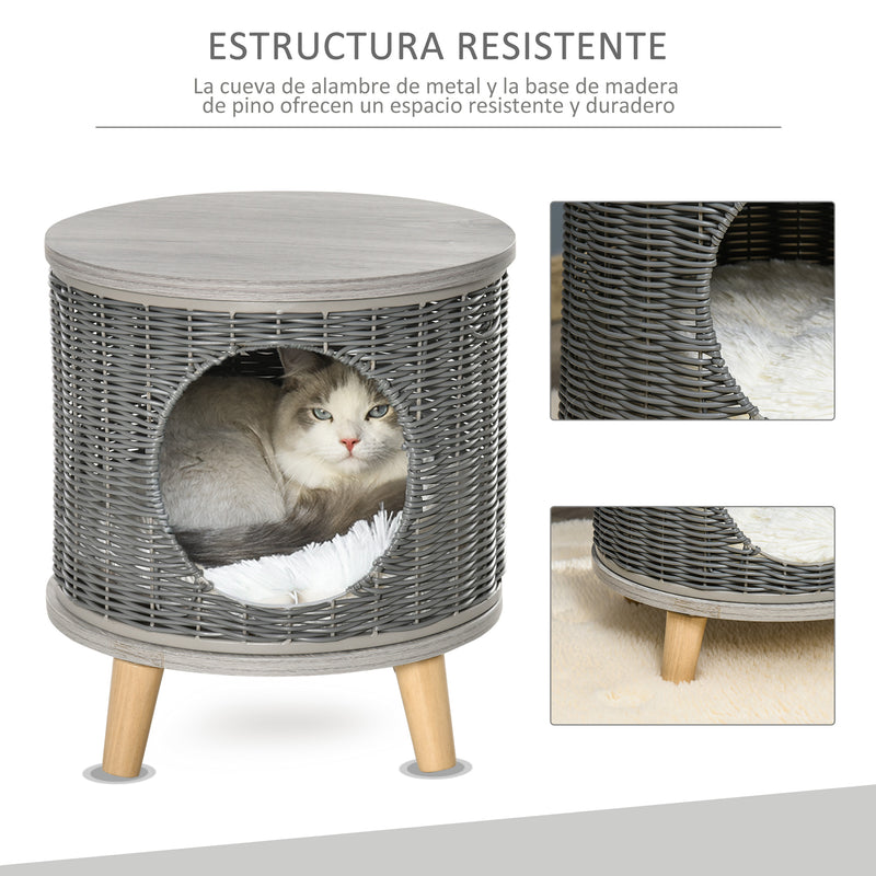 Caverna para Gatos de Vime Casa para Gatos Redonda com Tapete Lavável Pés de Madeira de Pinho Removíveis Ø36x40,5cm Cinza