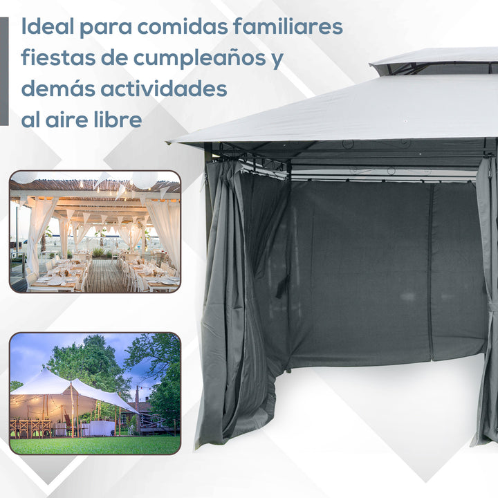 Pérgola de Jardim com Estrutura de Aço Teto Duplo 6 Cortinas Laterais 8 Orifícios de Drenagem 300x400x280 cm Cinza