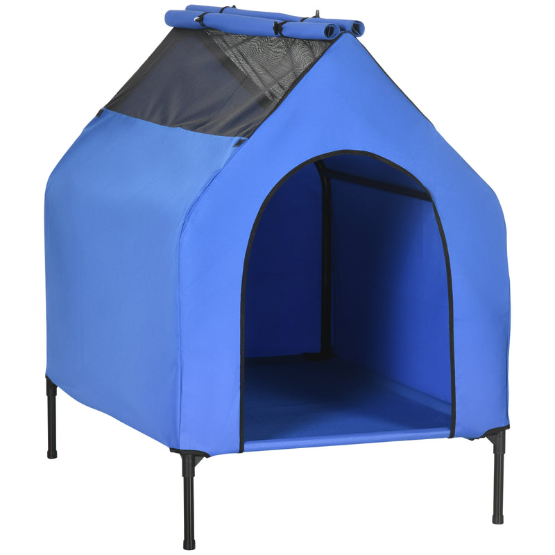 Casa para Cães 130x85x121 cm Cama Elevada para Animais de Estimação com Cobertura Desmontável e Janela de Malha para Cães Grandes e Extra Grandes Azul