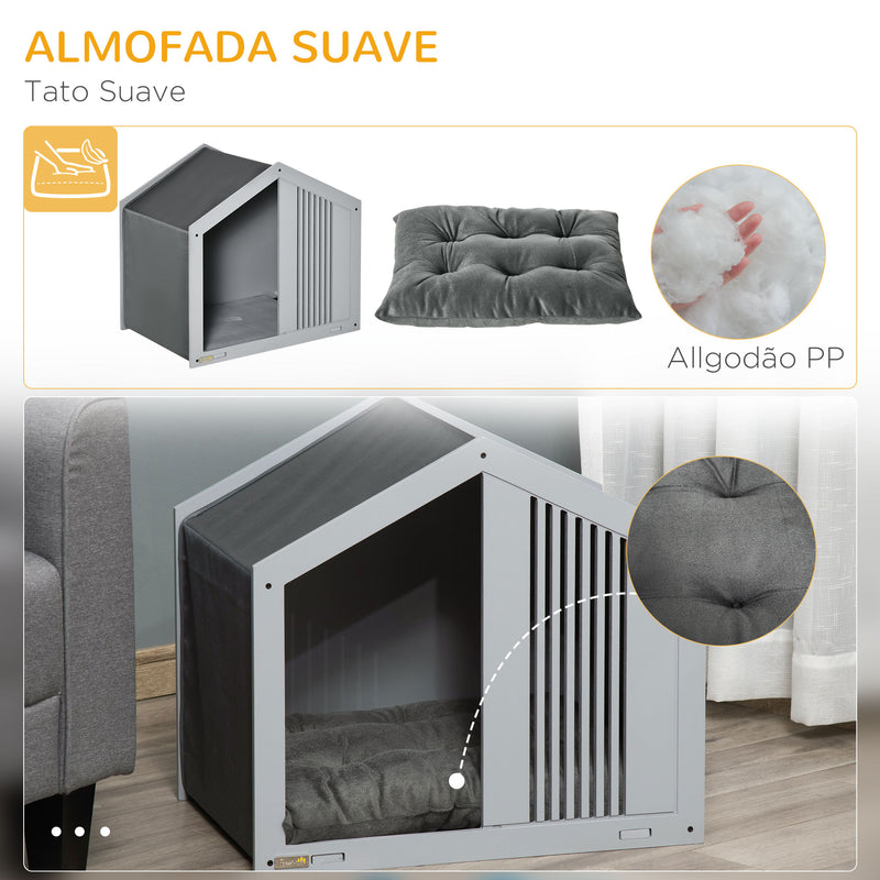 Casa de Madeira para Cães Pequenos Casa para Animais de Estimação Interior com Almofada Acolchoada Grossa Cobertura de Tecido Oxford Removível e Ventilações 60x43x55 Cinza