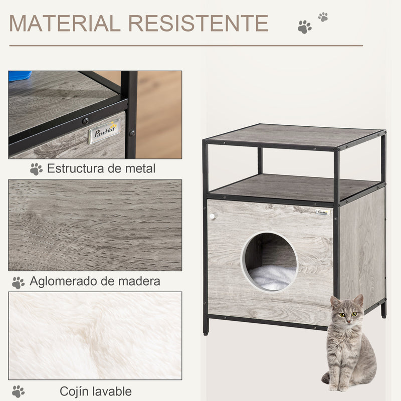 Casa para Gatos de Madeira com Aparência de Mesa Auxiliar com 2 Prateleiras de Armazenamento Caverna para Gatos com Almofada Removível e Lavável 48x40x65,5cm Carvalho